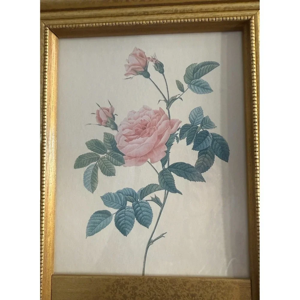 Vintage Pink Rose Print Pier Mirror Gold Gilt Frame Floral Wall Hanging 23.5